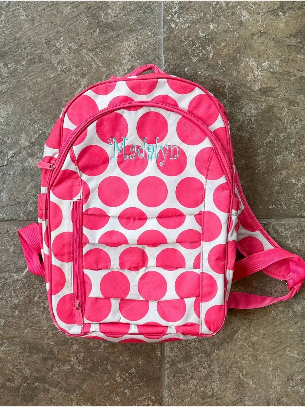 Thirty-One Her Deluxe Backpack Mod Coral Pink Polka Dot Bookbag Monogram Madalyn